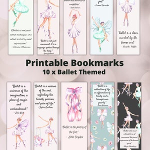 Può includere: Dieci segnalibri stampabili con illustrazioni ad acquerello di ballerine e scarpette da punta. Ogni segnalibro include una citazione sul balletto, come "Il balletto è l'illusione ottica definitiva." e "Il balletto è come sognare sui piedi."