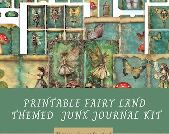 May include: Printable fairy themed junk journal kit with 27 pages. The kit features images of fairies, butterflies, mushrooms, and other whimsical elements. The kit is perfect for creating unique and personalized journals.