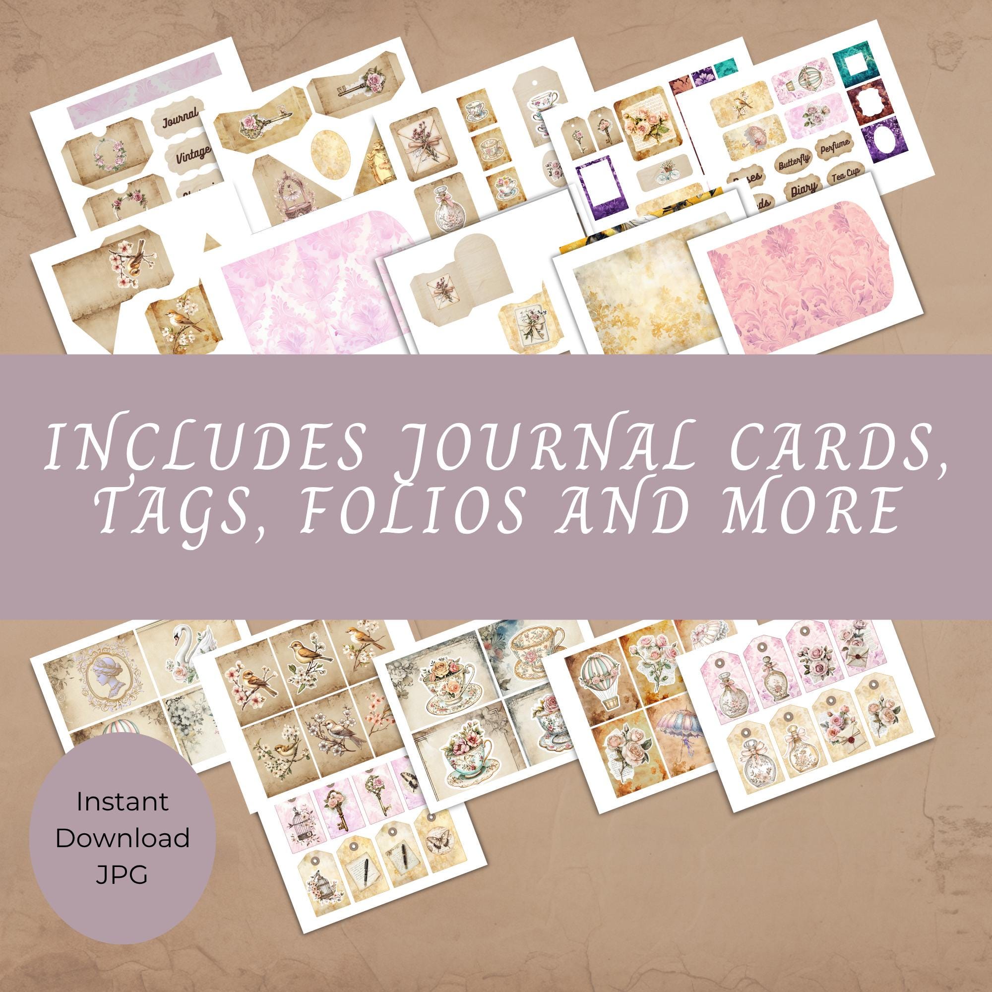 Printable Vintage Charm Junk Journal Kit, 27 Pages, Book Cover, Papers ...