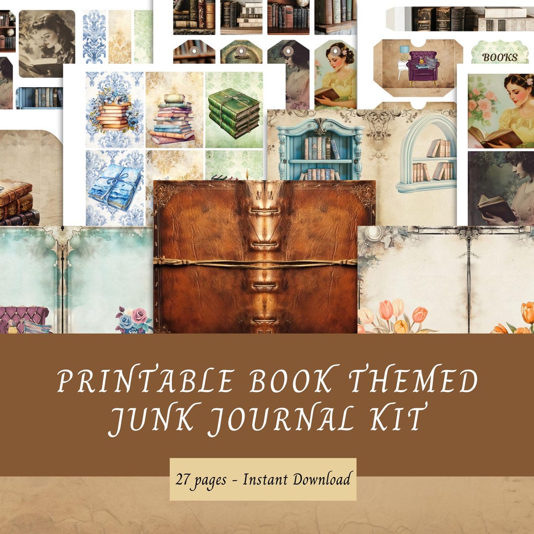 Printable Book Themed Junk Journal Kit, 27 Pages, Book Cover, Papers ...