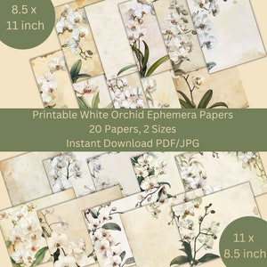 Printable White Orchid Paper Pack, 20 Scrapbook Junk Journal Background Papers, landscape and portrait, Instant Download PDF/JPG