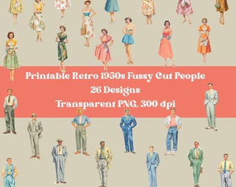 Printable Fussy Cut Retro 1950s People, download junk journal paper craft digital ephemera for journal instant download png