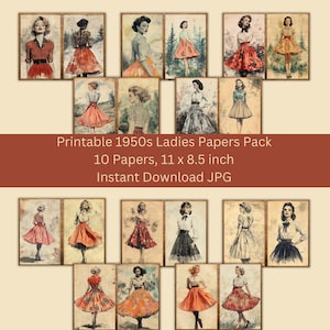 Paquet de papier imprimable pour femmes des années 1950, 10 pages de carnet de scrapbooking, 23 x 8,5 pouces, téléchargement immédiat JPG