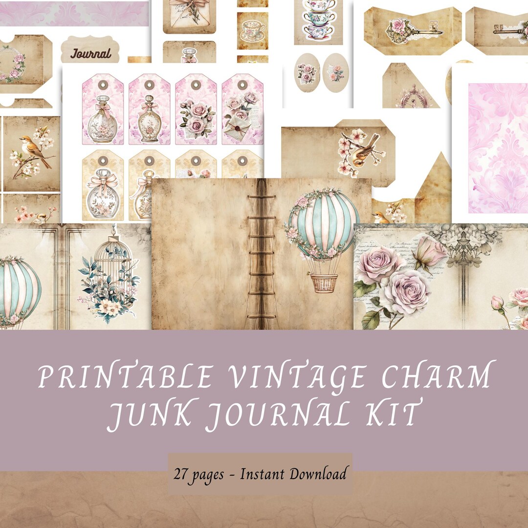 Printable Vintage Charm Junk Journal Kit, 27 Pages, Book Cover, Papers ...