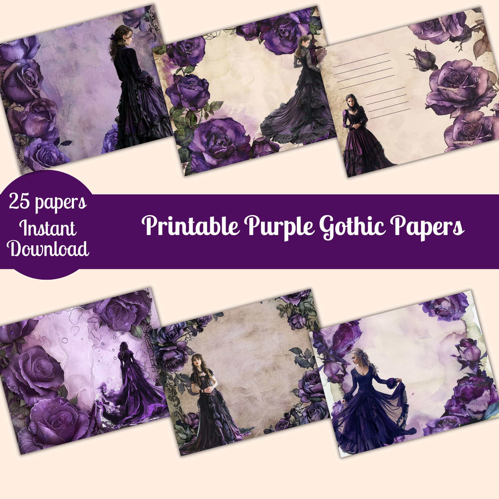 Printable Purple Gothic Roses Paper Pack, 25 Scrapbook Junk Journal ...