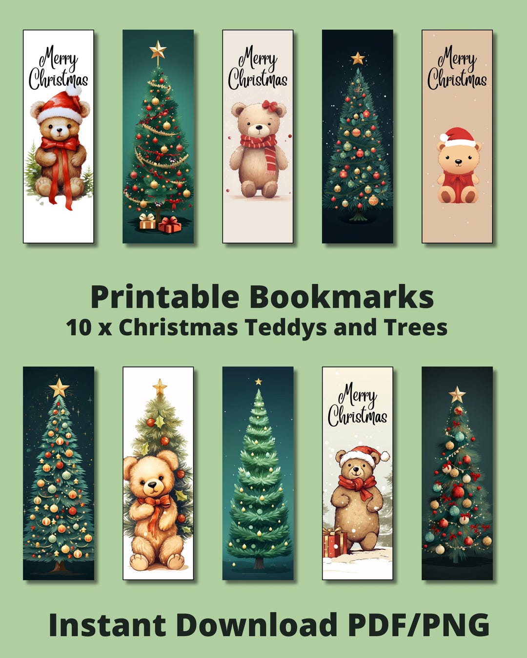 Printable 10 X Christmas Teddy and Trees Bookmarks, Instant Download PDF/PNG - Etsy