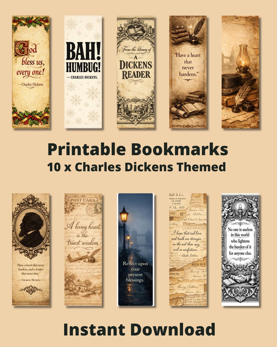 Printable 10 X Charles Dickens Theme Bookmarks, Instant Download PDF ...