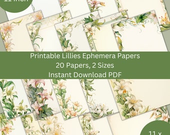 Printable Lillies Paper Pack, 20 Scrapbook Junk Journal Background Papers in both landscape and portrait, Instant Download PDF/JPG