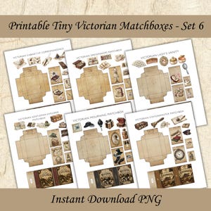 May include: A set of six printable sheets featuring Victorian-themed matchbox templates and decorative ephemera. Each sheet includes a flat box layout and various illustrations like correspondence, dressmaker tools, vanity items, and explorer gear.
