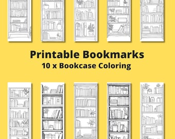 Printable 10 x Bookcase Coloring Bookmarks, Instant Download PDF/PNG