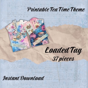 Printable Tea Time Theme Loaded Tag Kit, Junk Journal Ephemera, Instant Download PNG, 37 pieces for Junk Journals, Scrapbooking