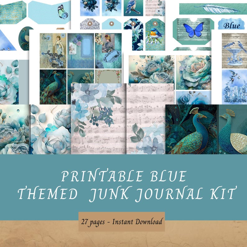 Journal Blue Basic Printable Blue Themed Junk Journal Kit, 27 Pages, Book Cover, Papers ...