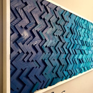 Herringbone Patterned art - dimensional wood art - ocean blues gradient - Dimensional Wall Art - Geometric Wall Art - Corporate Art - Ocean