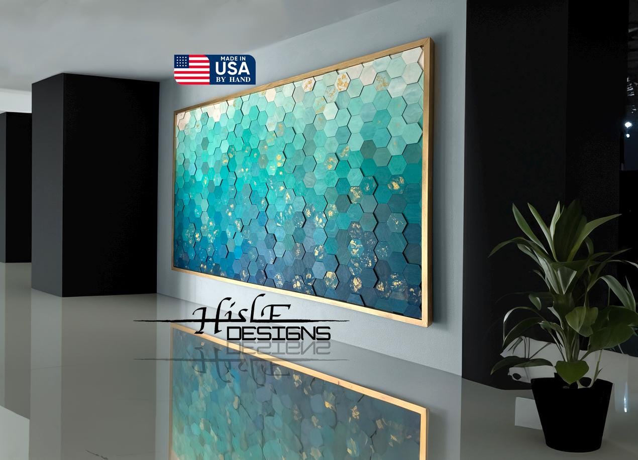 Simple ocean art wood dimensional hexagon wood art blue gradient wallart for living room or entryway, blue gradient art dimensional wood art