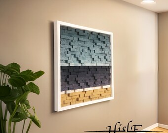 May include: A framed wall art piece with a geometric design made of wood blocks. The blocks are arranged in horizontal bands of blue, purple, and beige.