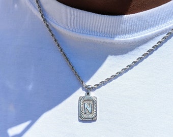 Waterproof Silver Men's Rope Chain Rectangle Letter Initial Necklace