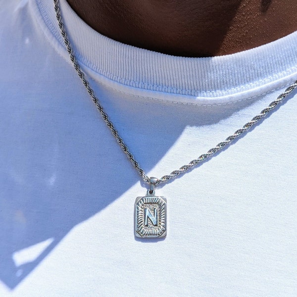 Imperméable à l’eau Argent Corde Homme Chaîne Rectangle Lettre Initial Collier