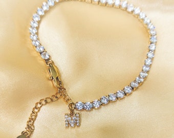 Bracelet de cheville de tennis avec initiales diamant imperméables pour femme, or ou argent