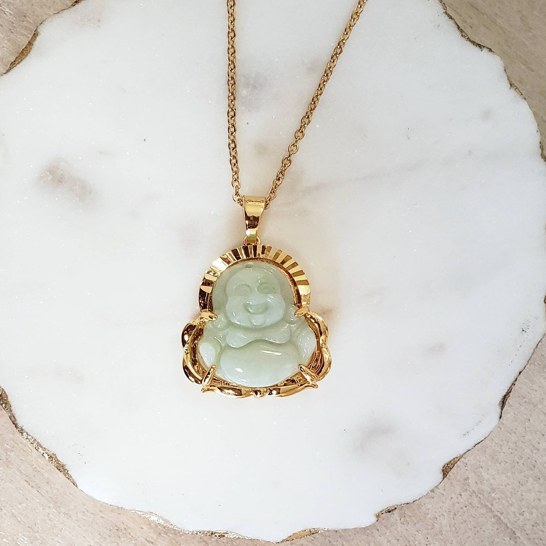 Jade Buddha Necklace Gold Light Green 