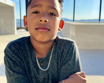 Kid's Silver Cuban Chain Necklace and Bracelet, Waterproof, Hypoallergenic, Silver Cuban Link