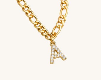 Waterproof Gold Initial Necklace Figaro Chain