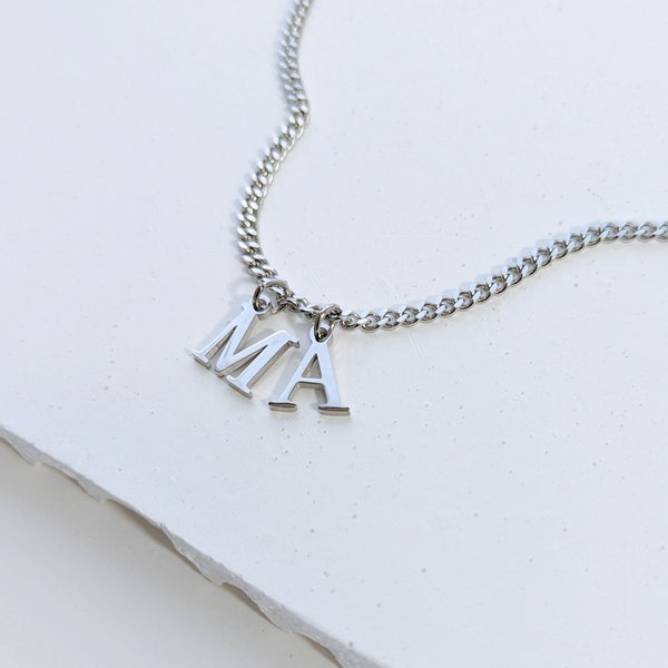 Hanging Letter Men's Stainless Steel Silver Cuban Link Initial Letter Name Necklace