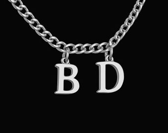 Hanging Letter Men's Stainless Steel Silver Cuban Link Initial Letter Name Necklace