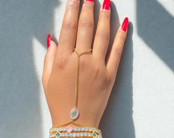 Evil Eye Mother of Pearl Hand Chain, Protective Eye Ring Bracelet