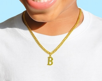 Kid's Initial Cuban Chain Necklace, Waterproof, Hypoallergenic, Gold Letter Cuban Link for Children, Boys Initial Necklace