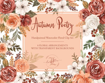 Autumn Watercolor Floral Clipart, Red, Peach and White Flower Bouquets, Fall Wedding Floral Arrangements, Digital Scrapbook Clipart