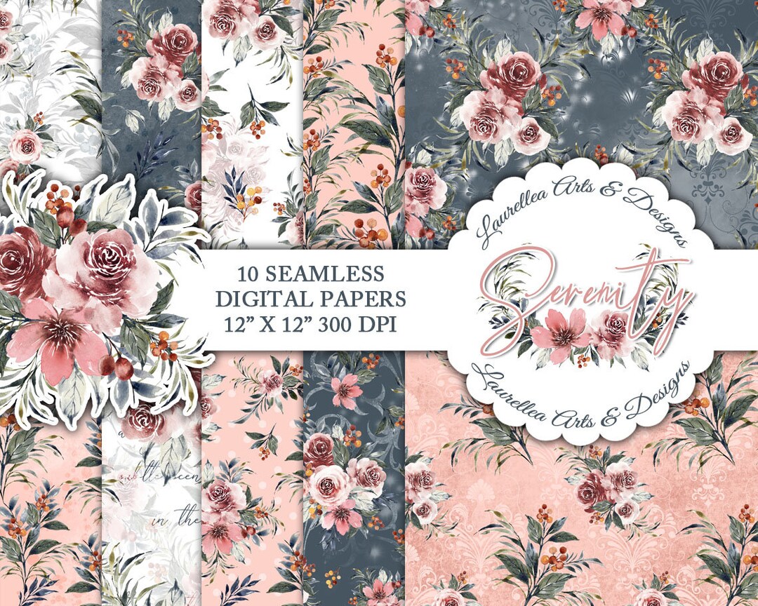 Seamless Digital Paper Pack Dusty Blue & Pink Vintage Spring - Etsy