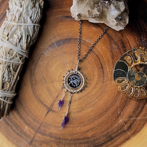 Zodiac Sign Amethyst Crystal and Hematite Gemstone Necklace, Astrology Charm Handmade Wire-Wrapped Pendant Necklace