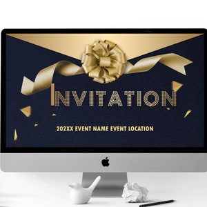 Dark Blue Gold Invitation PPT template, Blue Invitation Slideshow, Elegant Invitation, Blue and gold Evite, Event Invitation Template