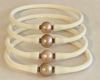 Pink Edison Fresh Water Pearl on White Silicon Bracelet