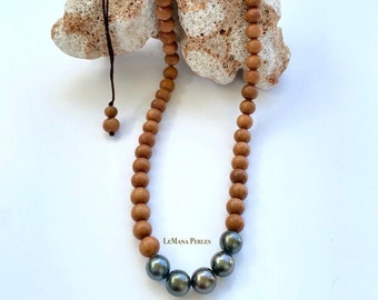 Sandalwood beads set with 5 Tahitain Pearl Necklace