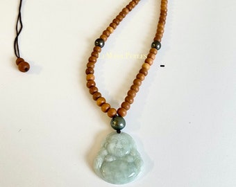 Jade Buddah with Sandalwood beads & Tahitian Pearls Long Necklace