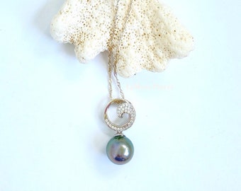 Cubic Zirconia Wave with Tahitian Pearl Pendant in Sterling Silver