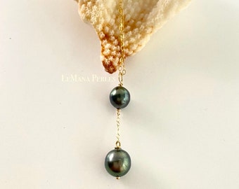 Tahitian Pearl 2 Drop Necklace, 9-10 mm