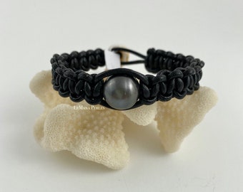 Black Leather Single Tahitian Pearl Shamballa Bracelet