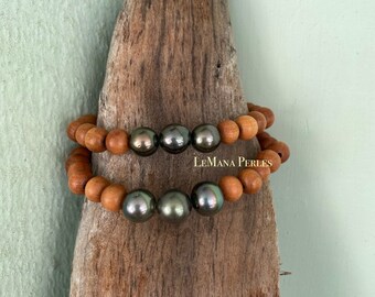 3 Tahitian Pearls & Sandlewood Stretchy Bracelet