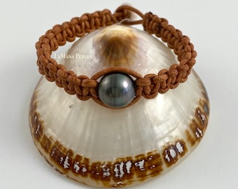 Brown Leather Single Tahitian Pearl Shamballa Bracelet