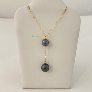 Tahitian Pearl 2 Drop Necklace on gold-filled or silver chain.