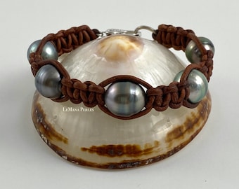 Brown Leather 5 Tahitian Pearl Shamballa Bracelet