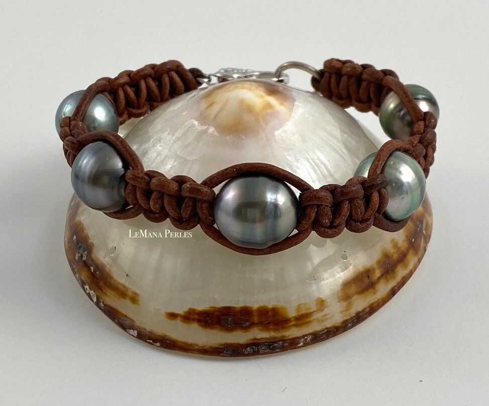 Brown Leather 5 Tahitian Pearl Shamballa Bracelet Etsy