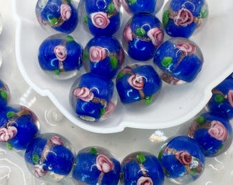 Vintage Venetian Lampwork Glass Beads: Blue Rose Flower, 10mm, 8pcs