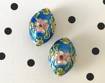 Vintage Cloisonné-hängespärla - Sällsynt blå & guld 1960-tals fransk oval blommig emaljpärla