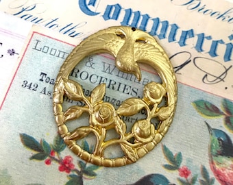 Vintage Brass Stamping Bird Floral Oval Pendant Large Art Nouveau Bird Gold Charm