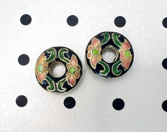 Vintage Cloisonné-munkpärlor: Svart blommig emaljkonstglas (2 stycken)