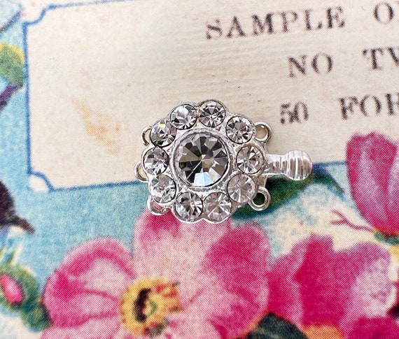 Vintage Czech Crystal Flower Clasp: Rhodium Plated Jewelry Connector