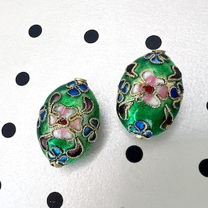 Vintage Cloisonné Pendant Bead - Rare Green, Multicolour & Gold Circa 1960’s French Oval Floral Enamel Art Glass Bead